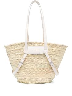 ivory white/optical white straw/leather interwoven design embossed logo to the front internal logo plaque open top two long top handles main compartment Luxury White Straw Shopping Bag, Luxury Handmade Beige Beach Bag, Luxury White Straw Bag, Elegant Straw Tote Bag For On-the-go, Givenchy Tote Bag, Givenchy White Tote Bag, Raffia Basket, Raffia Tote Bag, Vacation Bag