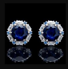 ad eBay - (Main Stone :- Simulated/Lab Created Sapphire, Diamond. Style :- Stud. Plating :- White Gold Plated. Type :- Earrings. B) Simulated Diamonds are bright white man made diamonds with more sparkle than natural diamonds. Sapphire Halo Design Drop Earrings, Formal Round Cluster Earrings Fine Jewelry, Formal Round Diamond Earrings With Gemstones, Formal Cluster Earrings With Matching Round Cut, Blue Diamond Round Earrings For Anniversary, Blue Round Cluster Earrings For Formal Occasions, Formal Sapphire Earrings With Diamond Cut, Round Gemstone Clip-on Earrings For Anniversary, Formal Blue Halo Setting Earrings