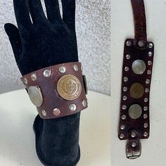 Vintage boho hippie brown Buckle leather cuff bracelet Spanish coins | eBay Scrap Leather Projects, Imperial Beach, Steel Crochet Hooks, Crochet Hook Set, Winter Craft, Leather Cuff Bracelet, Buckle Bracelet, Boho Girl, Small Projects