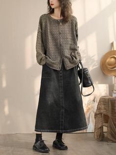 Details: Gender: Women Item Type: Skirt Material: Cotton Season: Spring, Autumn Pattern: Solid Style: Casual, Loose, Retro Waist Type: Elastic Waist Size: L Waist: 68.00 - 96.00 cm/ 26.77 - 37.80 " Length: 82.00 cm/ 32.28 " Size: XL Waist: 72.00 - 100.00 cm/ 28.35 - 39.37 " Length: 84.00 cm/ 33.07 " Casual Denim Winter Skirt, Casual Denim Skirt For Winter, Casual Relaxed Denim Skirt For Fall, Relaxed Casual Denim Skirt For Fall, Casual Denim Skirt With Pockets For Fall, Casual High-waist Denim Skirt For Winter, Casual High Waist Denim Skirt For Winter, Casual Pleated Skirt For Fall, Casual Denim Skirt For Fall Workwear