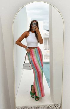 Sunlight Midi Skirt ~ Bright Stripe Sequins Rainbow Sequin Skirt, City Sidewalk, Bright Stripes, Kitten Heel, White Tank, Stripe Print, Sequin Skirt, The City, Embellishments