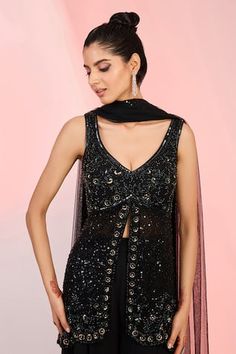 Black padded kurta featuring cutdana, sequin, bead hand embroidery all over. Paired with a sharara and a dupatta. - Aza Fashions Kurta Sharara Set, Kurta Sharara, Beaded Neckline, Sharara Set, Women Kurta, Set Women, Set For Women, Aza Fashion, Hand Embroidered