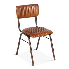 a brown leather chair with metal legs and a wooden seat on an isolated white background