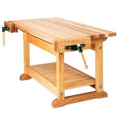 a wooden workbench with two tools attached to the top and one piece of wood underneath it