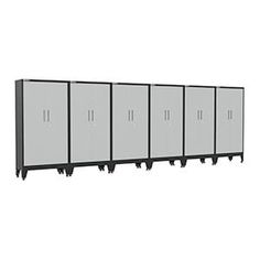 a row of metal lockers with doors on each side and four black ones in the middle