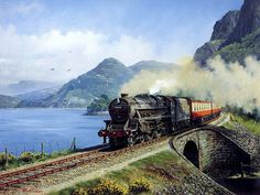 an oil painting of a train going over a bridge on the side of a mountain