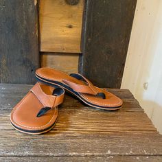 Nwob! Never Worn. Leather Thong Flip Slips / Sandals. Smoke-Free Home. Brown T-strap Sandals With Removable Insole For Vacation, Brown Slip-on T-strap Sandals For Vacation, Orange Leather Slip-on Sandals, Leather Round Toe Flip Flops For Beach, Leather T-strap Sandals With Round Toe For Beach, Leather Footbed T-strap Flip Flops For Vacation, Orange Leather Sandals For Summer, Beach T-strap Sandals With Round Toe In Leather, Comfortable T-strap Sandals With Leather Footbed For Beach