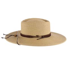 Classy gaucho style hat with flat brim, 4" wide. Sunken crown with straight sidewalls. Faux suede band with waxed cord tie accent. Faux leather chin strap. Adjustable drawstring inside crown. UPF 50+ sun protection hat. One size. 100% toyo braid Adjustable Brown Boater Hat With Flat Crown, Adjustable Wide Brim Boater Hat For Ranch, Adjustable Brown Boater Hat With Flat Brim, Adjustable Leather Hat With Flat Crown, Adjustable Brown Wide Brim Boater Hat, Classic Adjustable Boater Hat For Country Events, Adjustable Brimmed Western Boater Hat, Adjustable Curved Brim Boater Hat For Rodeo, Western Boater Hat With Adjustable Curved Brim