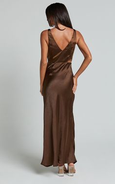 Melodie Midi Dress - V Neck Satin Slip Dress in Chocolate | Showpo USA Brown Fitted V-neck Slip Dress, Fitted V-neck Satin Dress With Bias Cut, Satin V-neck Bias Cut Dress, V-neck Bias Cut Slip Dress For Evening, Fitted Satin V-neck Slip Dress, Formal Slip Dress With Satin Lining, Elegant V-neck Slip Dress For Formal Events, Formal V-neck Bias Cut Slip Dress, Sleek V-neck Formal Slip Dress