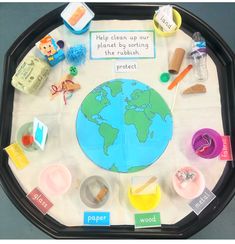 a black tray with various items on it and a sign that says help clean up our planet by sorting the rubbish