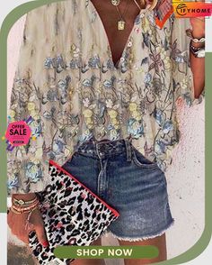 Casual Floral-print V Neck Blouse Chic Spring Tops With All Over Print, Chic All Over Print Spring Tops, Chic All Over Print Tops For Spring, Chic Spring All Over Print Tops, Long Sleeve Floral Print Blouse For Summer, Printed Blouse For Fall Vacation, Casual Tops With Pattern Prints, Fashion Print Summer Blouse, Spring Beach Blouse With Graphic Print