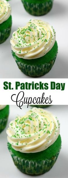 cupcakes with white frosting and green sprinkles on them are shown