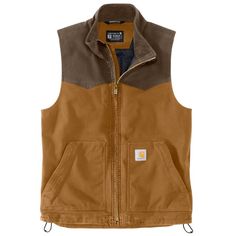 Stay comfortable on the job or off the clock. This insulated men's western vest will keep you warm all day long. Plenty of pockets secure and organize essentials. A relaxed fit and extra stretch let you move without restriction. Features12-ounce, 99% cotton / 1% spandex duckCorduroy-lined collar; Quilted nylon body lining for easy on and off; Insulated for warmthBuilt to move with Rugged Flex® stretch technologyRelaxed fitFront handwarmer pocketMock-neck collarAdjustable hemTwo lower front pocke Brown Utility Vest For Fall, Brown Cotton Vest For Outdoor Use, Brown Cotton Vest For Outdoor Activities, Brown Cotton Vest For Outdoor, Brown Outdoor Vest With Pockets, Brown Vest Outerwear For Outdoor Activities, Rugged Brown Vest With Pockets, Brown Rugged Vest With Pockets, Mens Carhartt Vest