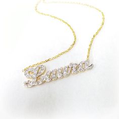 "Our Cutoff Date for Christmas delivery is Sunday Dec. 13, 2020 All Order placed after this date will be completed for mid January delivery. Personalized gold and diamond name necklace 1.25\" wide and about 1mm thick, made of solid 14k Yellow gold and Diamonds. The necklace suspends from a cable Link chain with 3 choices of length: 14\",16\", 18\" and 20\". The necklace can be made with the name of your choice up to 7 letters. A Great gift for Christmas Valentines, Birthday, Anniversary or any o Personalized White Gold Luxury Diamond Necklace, Luxury Personalized Diamond Jewelry, Personalized Luxury Diamond Jewelry, 14k Gold Name Necklace With Diamond Accents For Gift, Personalized Diamond Pendant Necklace For Formal Occasion, Personalized Pendant Diamond Necklace For Formal Occasions, Diamond Engraved Necklace As A Gift, Personalized Diamond White Jewelry For Formal Occasions, Engraved Diamond Necklace As A Gift