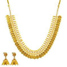 This unique 22k gold jewelry set is just what a woman needs to add a gleaming layer of gold to their looks for a special evening.The 22k yellow gold necklace and matching jhumka earrings have a ultra feminine style and appeal. The vibrant cubic zirconia, rubies, and cultural engravings add a regal feel to this dazzling set.Features• 22K Yellow Gold.• Rubies. • Cubic Zirconia.Specifications• Minimum Necklace Width - 2 millimeters • Maximum Necklace Width - 27 millimeters• Necklace Length - 22 inc Dual-tone Yellow Gold Jewelry For Diwali, Diwali Dual-tone Yellow Gold Jewelry, Yellow Gold Dual-tone Jewelry For Festivals, Dual-tone 22k Gold Jewelry For Festivals, Festive 22k Yellow Gold Jewelry, 22k Yellow Gold Bollywood Bridal Necklace, Bollywood 22k Yellow Gold Bridal Necklace, Yellow Gold Bollywood Bridal Necklace, Bollywood Style 22k Yellow Gold Bridal Necklace