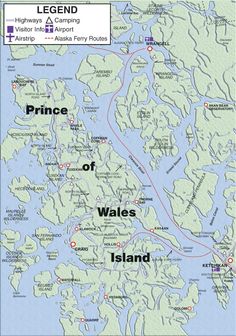 a map showing the location of prince of wales and its surrounding area, with locations marked in red