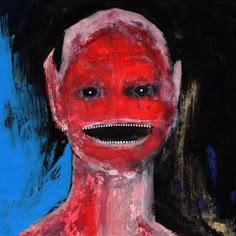 a painting of a man with red and black paint on it's face, in front of a blue background