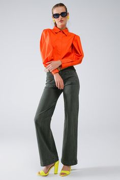 Subcategory: Shirts. Neck: Polo collar. Sleeves: Long Sleeves. Fit: Standard fit. Style: Daily. Detail: Button detail. Fabric: Poplin. Zipper: Button placket. runs true to size. S. 80% Polyester 20% Cotton Chic Orange Cotton Blouse, Casual Long Sleeve Shirt With Blouson Sleeves, Chic Orange Long Sleeve Blouse, Trendy Orange Cotton Blouse, Trendy Orange Shirt For Work, Orange Long Sleeve Cotton Blouse, Orange Workwear Tops For Fall, Trendy Orange Long Sleeve Shirt, Orange Tops For Workwear In Fall