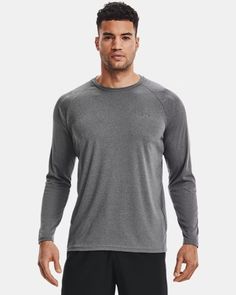 Men's UA Velocity Long Sleeve Lightweight Relaxed Fit Solid Color Activewear, Heather Grey Athleisure Activewear, Relaxed Fit, Heather Grey Relaxed Fit Athleisure Activewear, Heather Grey Relaxed Fit Activewear, Athletic Heather Moisture-wicking Crew Neck Activewear, Casual Breathable Mesh Activewear For Running, Gray Relaxed Fit Activewear For Gym, Casual Athletic Heather Tops For Light Sports, Gray Technical Activewear With Athletic Fit