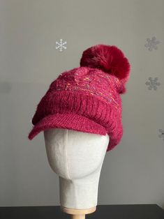 Women's Winter Hat With Brim, Pom Pom Hat, Knitted Hat, Knit Winter Hat, Warm Hat, Gift for Her, Ladies Hat, Cute Hat, Visor Winter Hat - Etsy Winter Knit Crochet Cap, Brimmed Knit Hats For Winter, Winter Knit Brimmed Hats, Winter Brimmed Knit Hat, Brimmed Knit Winter Hats, Pink Crochet Hat For Winter, One Size, Pink Crochet Hat For Winter, Pink Crochet Winter Hat One Size, Knit One Size Cap