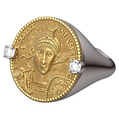 Ancient Roman Style Gold Coin Ring in 18k or 14k white and yellow gold, made in Italy. Discover the exquisite craftsmanship of our Made in Italy men's gold ring, available in 14k or 18k gold. This stunning piece features a meticulously reproduced Roman AV Solidus of Emperor Constantius II (337-361 AD). Adorned with the noble figure of Flavius Julius Constantius, wearing a diadem, helmet, and cuirass, the intricate details showcase his pious and blessed august status. Holding a spear and a shield embellished with a captivating horseman motif, this ring captures the essence of ancient Roman artistry. Elevate your style and embrace the rich history with this exceptional gold ring. Gemstone: Natural Diamonds size : 2,4mm x 2,4 mm , 0.1 cts tw G - VS ❥ Details Band measurements: approx. 20mm wi Gold Coin Ring, Roman Style, Mens Gold Rings, Roman Fashion, Coin Ring, Gold Piece, Gold Coin, Ancient Romans, Ring Gemstone