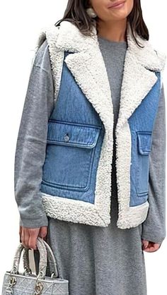 Size Guide: XS=US 0-2, S=US 4-6, M=US 8-10, L=US 12-14. Please refer to the size chart on left photo gallery before purchase. Material: the high quality fabric is soft, lightweight, windproof, comfortable and warm to wear. This Sherpa fleece lined denim vest is idea for spring, fall and winter wear. Features: open front closure, notched lapel collar, berber fleece lining, sleeveless, 2 patch pockets, hip length, color block, boyfriend style, winter vest. Versatile Vest: this vintage polar fleece Sleeveless Denim Jacket With Pockets For Fall, Casual White Patchwork Vest, Casual Sleeveless Denim Outerwear, Trendy Blue Vest Outerwear, Sleeveless Denim Casual Outerwear, White Denim Patchwork Outerwear, Casual Denim Blue Vest For Fall, Trendy Denim Blue Vest Outerwear, Casual White Sleeveless Denim Vest