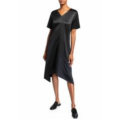 Eileen Fisher V-Neck Asymmetric Hem Satin Black Dress Size M Color: Black Condition: New Without Tags Retail Price: $378 Features: V-Neck Short Sleeves Pullover-Style Asymmetric Hem Lined 100% Recycled Polyester Machine Wash Imported Shaped Fit Approx. Measurements/Flat: Bust: 21" Length: 50.5" Waist: 21.5" Hips: 26.5"" *Ships Same Or Next Business Day. *Pet And Smoke-Free Environment. Sleek Bias Cut V-neck Dress, Sleek V-neck Bias Cut Dress, Sleek V-neck Bias Cut Midi Dress, Chic Asymmetrical High-low Evening Dress, Chic High-low Hem Asymmetrical Evening Dress, Sleek V-neck Midi Dress For Spring, Chic Black Asymmetrical V-neck Dress, Chic Asymmetrical V-neck Evening Dress, Chic Asymmetrical V-neck Dress For Night Out