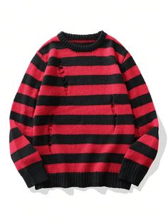 Men's Loose Fit Striped Pattern Crew Neck Long Sleeve Casual Knit Sweater, Autumn/Winter Red Casual  Long Sleeve Knitwear Striped Pullovers Slight Stretch  Men Clothing, size features are:Bust: ,Length: ,Sleeve Length: Ripped Sweater, Building Aesthetic, Oversized Fashion, Oversized Striped Sweater, Striped Knitted Sweater, Ideal Closet, Alt Outfits, Oversized Streetwear, Distressed Sweaters