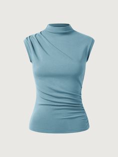 Elegant Ruched Tops For Layering, Modern Fitted Top With Asymmetrical Hem, High Stretch Versatile Funnel Neck Top, Versatile High-stretch Funnel Neck Top, Asymmetrical Ruched Fitted Top, Ruched Fitted Asymmetrical Top, Fitted Asymmetrical Ruched Top, Modern Asymmetrical Tops For Layering, Modern Asymmetrical Solid Color Tops