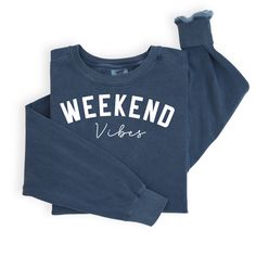 Celebrate the weekend in this stylish crewneck. The perfect sweater for a day out or just snuggle up indoors for some Netflix and chill with your besties. Care instructions: Wash inside out with cold water and like colors. It would be best to hang dry or tumble dry on low. Never use high heat when cleaning these. Handling time: This item will be dispatched 3-5 days after you place your order. In most cases we strive to dispatch within the first 3 days after receiving your order. Shipping: Estimated delivery times: Canada: 3-14 business days United States: 1-3 weeks Europe and other countries 2-8 weeks This is just an estimated time. Shipping within Canada may be before the estimated delivery time. Shipping to your ETSY Address, Please make sure your address is correct.  We are NOT responsi Cozy Crew Sweatshirt For Loungewear, Cozy Crew Neck Sweatshirt For Loungewear, Sporty Tops For Weekend, Cozy Soft-washed Crew Sweater, Casual Soft-washed Sweatshirt For Loungewear, Trendy Crew Sweatshirt For Loungewear, Comfy Crew Neck Hoodie For Loungewear, Casual French Terry Sweater For Loungewear, Trendy Loungewear Sweater With Ribbed Cuffs