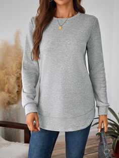 Fall Clothes Women Light Grey Casual  Long Sleeve Knitted Fabric Plain Pullovers Slight Stretch  Women Clothing, size features are:Bust: ,Length: ,Sleeve Length: Women Sweatshirts, Fall Clothes, Clothes Women, Round Neck Sweatshirts, Women Long Sleeve Tops, Casual Street Style, White Casual, Fall Outfits Women, Long Sleeve Knit