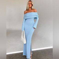 Knit, Off-The-Shoulder Maxi Dress With Fold Over Neckline And Long, Bell Sleeves. Split Thigh The Model Is 5.6” Wearing A Size 4 Baby Blue Winter Dress, Long Dresses For Church, Off The Shoulder Long Sleeve Dress, Bodycon Prom Dress Long, Long Sleeved Maxi Dress Fall, Blue Winter Dresses, Long Winter Dresses, Bodycon Prom Dress, Long Sleeve Dresses Fall