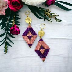 Bold Magenta Geometric Diamond Seed Bead Drop Earrings - Etsy Gold Geometric Beaded Earrings As A Gift, Gold Geometric Beaded Earrings For Gift, Geometric Beaded Gold Earrings, Geometric Gold Beaded Earrings, Gold Geometric Beaded Earrings, Gold Beaded Geometric Earrings, Geometric Beaded Gold Jewelry, Geometric Gold Beaded Jewelry, Gold Beaded Geometric Jewelry