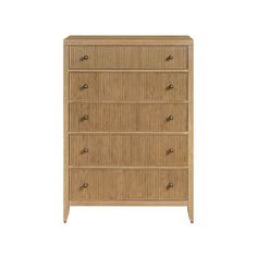 the chest of drawers is made out of wood and has five drawers, one with two handles