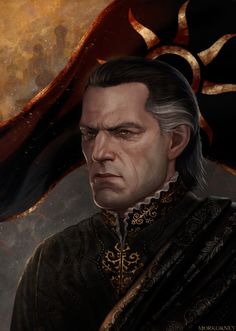 a painting of a man with grey hair wearing a black coat and gold trimmings