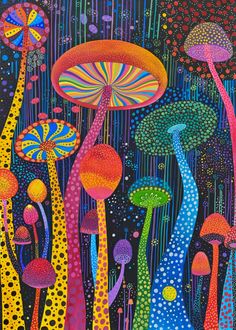 a painting of many different types of mushrooms and plants on a black background with multicolored dots