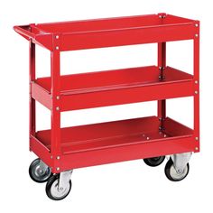 a red cart with three shelves and wheels on the bottom, one shelf is empty