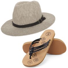 Whether you're relaxing at the poolside, spending a day at the beach, walking around the park, or just at home relaxing this AERUSI Hat and Sandal Set will keep you stylish and comfortable. This set makes for a fashionable accessory package that is the perfect addition to your wardrobe! The quality woven straw that makes up the hat is sure to keep you cool on a hot summer day while being a compliment to any outfit! Unlike inexpensive flip flops that sacrifice quality for quantity, AERUSI flip fl Casual Sun Hat For Beach Season, Adjustable Lightweight Flip Flops For The Beach, Adjustable Lightweight Beach Flip Flops, Adjustable Lightweight Summer Flip Flops, Casual Vacation Flip Flops, Lightweight Adjustable Flip Flops For Spring, Casual Adjustable Flip Flops For Vacation, Comfortable Adjustable Beach Hats, Lightweight Flip Flops For Beach And Spring