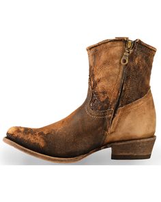 Corral Women's Lamb Abstract Short Western Boots, Chocolate Rustic Leather Moto Boots For Ranch, Rugged Distressed Brown Snip Toe Moto Boots, Rugged Distressed Brown Moto Boots With Snip Toe, Rustic Vintage Brown Leather Moto Boots, Rugged Brown Distressed Moto Boots, Rustic Moto Boots With Oiled Leather, Rustic Moto Boots With Leather Sole In Oiled Leather, Distressed Leather Western Boots, Rugged Leather Sole Moto Boots For Western-themed Events