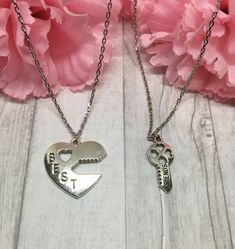 "*best friend necklace set, heart and key necklace set, best friend jewelry, bff necklace, gift for bff, gift for best friend, heart and key jewelry* This listing is for a best friend necklace set of 2 stainless steel necklaces with an antique silver heart charm (1\" x 1\") and key charm (1\" x 1/2\"). The necklaces come with a message card that reads \"You're the friend everyone wishes they had\" and \"You hold the key to my heart\".  This necklace set makes a perfect gift for any little best friend girls in your life. This is a beautiful necklace set for little girls as a gift or as a just because.  If you want, you can change the message card to say whatever you like and you can also add an initial charm (approx. 3/8\") to make it a more personalized necklace. **LEAVE INITIAL CHARM CHOI Heart And Key Necklace, Bull Pendant, Best Friend Heart, Friend Heart, Personalized Best Friend Gifts, Bff Necklace, Gift For Bff, The Key To My Heart, Bff Jewelry