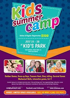 Camp Flyer, Brochure Templates Free Download, Kids Summer Camp, Poster Template Free, Free Brochure Template, School Flyer, Summer Camps For Kids