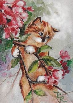 a painting of a cat sitting on top of a tree branch with flowers in it