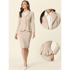 The set features a long-sleeve blazer with a notched lapel design that accentuates the sophisticated look of the suit. The peplum detail on the blazer adds a feminine touch and enhances your curves. It is a must-have choice for your work wardrobe in the new season. The pencil skirt in this set complements the blazer perfectly with its sleek design. It features a high waistline that flatters your figure and creates a professional look. The knee-length cut makes the skirt appropriate for formal an Classic Long Sleeve Office Sets, Beige Long Sleeve Semi-formal Set, Office Wear Sets With Long Sleeve For Ladies, Beige Long Sleeve Office Sets, Tailored Long Sleeve Skirt Suit For Career, Tailored Long Sleeve Skirt Suit For Office, Office Lady Long Sleeve Business Casual Sets, Fitted Long Sleeve Skirt Suit For Office, Office Lady Long Sleeve Skirt Suit