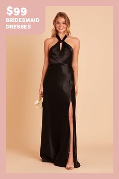 a woman in a black dress with the words $ 99 bridesmaid dresses on it