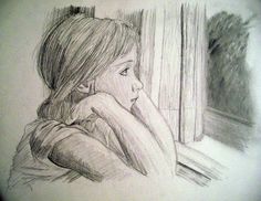 a pencil drawing of a girl looking out the window with her hand on her shoulder