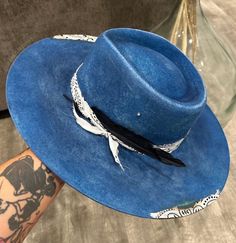 One of a kind wide brim hat  - Size 58cm Blue Wide Brim Hat With Adjustable Fit, Blue Adjustable Wide Brim Hat Bands, Custom Blue Wide Brim Hat, Artisan Blue Hat With Flat Brim, Artisan Blue Brimmed Hat, Brim Hat, Wide Brimmed Hats, Wide Brimmed, Hat Sizes