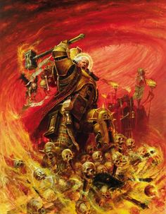 a painting of a man in armor surrounded by skulls and bones, with flames behind him