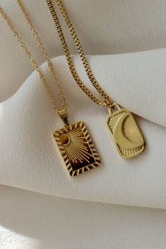 "✨GOLD FILLED SUN MOON PENDANT NECKLACE ✨ * Stainless Steel * Waterproof * It will not change color and can be worn in water. Our jewelry is made to last, anti-tarnish, higher durability than a regular gold-plated material, perfect for everyday wear. -- We are very proud of what we sell and you will not be disappointed. Please check our customer reviews. OTHER DETAILS ---------------------- * Durable and long-lasting material, perfect for daily wear or special occasion * Hypoallergenic and Lead, Gold Rectangular Charms Necklace, Neckles Ideas, Rectangular Adjustable Chain Jewelry For Mother's Day, Gold Square Pendant Jewelry For Birthday, Sun Moon Necklace, Moon Necklace Gold, Chain Types, Rectangle Pendant Necklace, Gold Schmuck