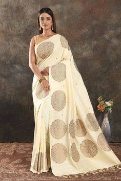 Buy beautiful cream Muga Banarasi saree online in USA with antique zari motifs. Be vision of elegance on special occasions in exquisite designer sarees, handwoven sarees, georgette sarees, embroidered sarees, Banarasi saree, pure silk saris from Pure Elegance Indian saree store in USA.-full view Fashion Journals, Red Blouse, Banarasi Saree, Indian Saree, Traditional Fabric, Banarasi Sarees, Georgette Sarees, Indian Sarees, Red Blouses