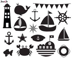 various black and white silhouettes of boats, lighthouses, flags and other items